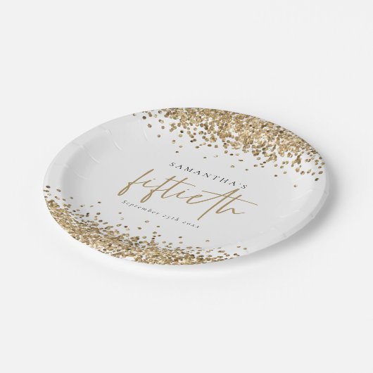 Glam Gold Glitter Naam Datum 50ste verjaardag Papieren Bordje (Gekanteld)