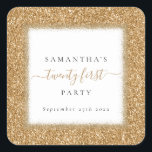 Glam Gold Glitter Name 21st Birthday Party Vierkante Sticker<br><div class="desc">Glam Gold Glitter Name 21st Birthday Party. Glam en glitzy stijl voor uw 21ste viering begunstigt en mailings, met een achtergrondgrens van faux glitter in goud, en 21e in een stijlvol script met swashes. Pas de tekst gemakkelijk aan uw eigen details aan, die een witte achtergrond binnen een gouden glitter...</div>