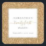 Glam Gold Glitter Name 21st Birthday Party Vierkante Sticker<br><div class="desc">Glam Gold Glitter Name 21st Birthday Party. Glam en glitzy stijl voor uw 21ste viering begunstigt en mailings, met een achtergrondgrens van faux glitter in goud, en 21e in een stijlvol script met swashes. Pas de tekst gemakkelijk aan uw eigen details aan, die een witte achtergrond binnen een gouden glitter...</div>