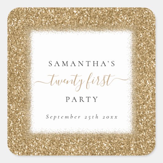 Glam Gold Glitter Name 21st Birthday Party Vierkante Sticker (Voorkant)