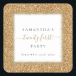 Glam Gold Glitter Name 21st Birthday Party Vierkante Sticker<br><div class="desc">Glam Gold Glitter Name 21st Birthday Party. Glam en glitzy stijl voor uw 21ste viering begunstigt en mailings, met een achtergrondgrens van faux glitter in goud, en 21e in een stijlvol script met swashes. Pas de tekst gemakkelijk aan uw eigen details aan, die een witte achtergrond binnen een gouden glitter...</div>
