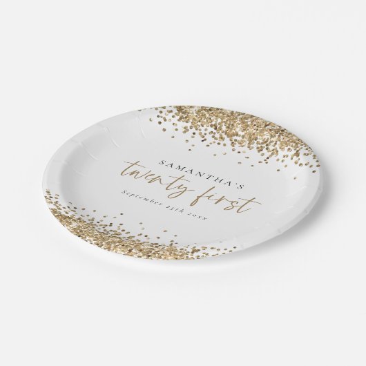 Glam Gold Glitter Name Date 21ste Papieren Bordje (Gekanteld)