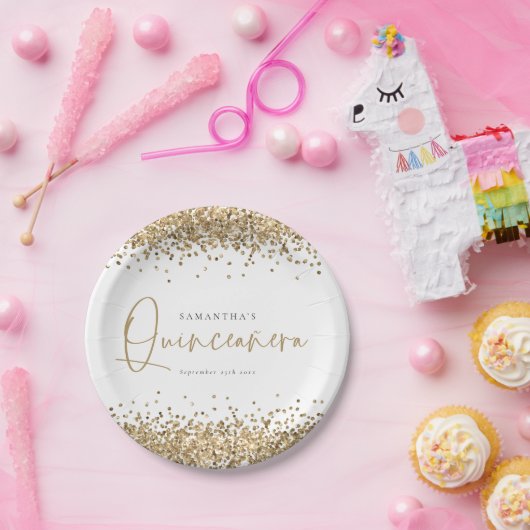 Glam Gold Glitter Name Date Quinceañera 15th Party Papieren Bordje (Feest)