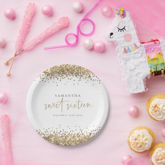 Glam Gold Glitter Name Date Sweet Sixteen Papieren Bordje (Feest)