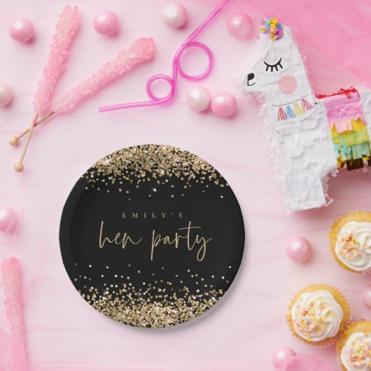 Glam Gold Glitter Name Hen Party Black Papieren Bordje (Feest)