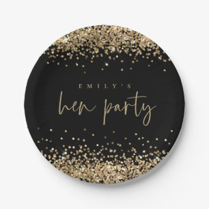 Glam Gold Glitter Name Hen Party Black Papieren Bordje