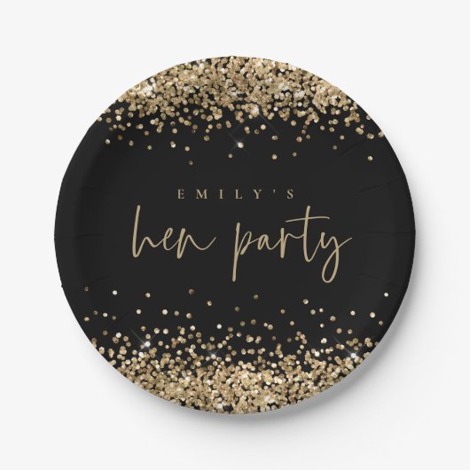 Glam Gold Glitter Name Hen Party Black Papieren Bordje (Voorkant)