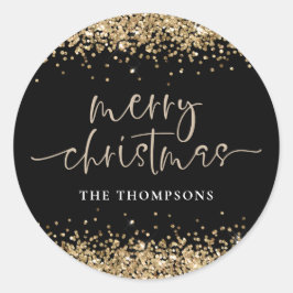 Glam Gold Glitter Name Merry KerstBlack Ronde Sticker