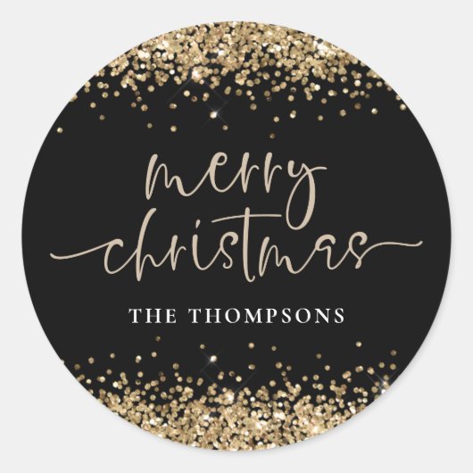 Glam Gold Glitter Name Merry KerstBlack Ronde Sticker (Voorkant)