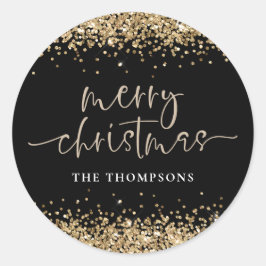 Glam Gold Glitter Name Merry KerstBlack Ronde Sticker