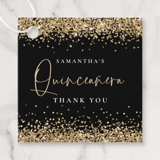 Glam Gold Glitter Name Quinceañera Hartelijk dank, Bedankjes Labels (Voorkant)