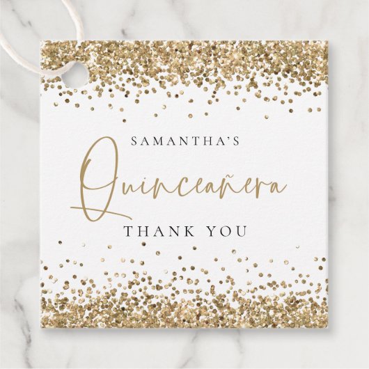 Glam Gold Glitter Name Quinceañera Hartelijk dank Bedankjes Labels (Voorkant)