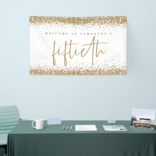 Glam Gold Glitter Name Welkom 50e Spandoek (Beurs)