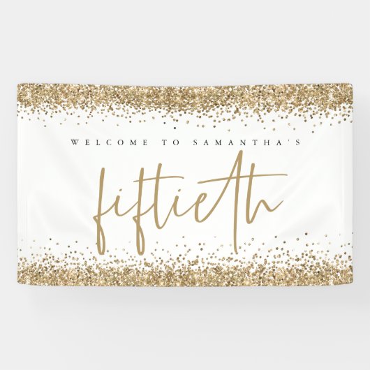 Glam Gold Glitter Name Welkom 50e Spandoek (Horizontaal)