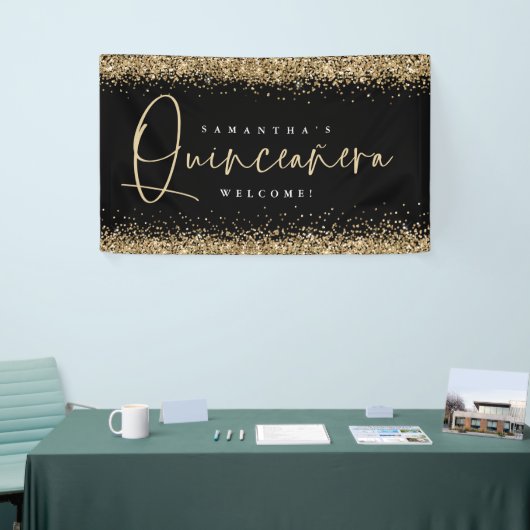 Glam Gold Glitter Name Welkom Quinceañera Black Spandoek (Beurs)