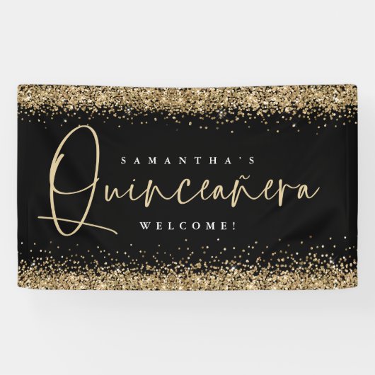 Glam Gold Glitter Name Welkom Quinceañera Black Spandoek (Horizontaal)