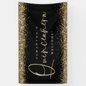 Glam Gold Glitter Name Welkom Quinceañera Black Spandoek (Verticaal)
