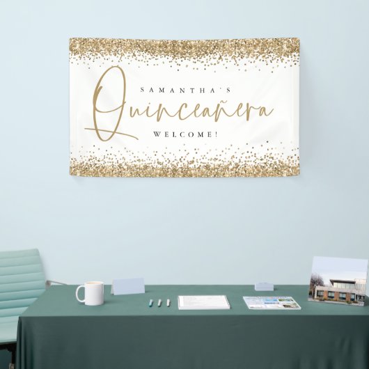 Glam Gold Glitter Name Welkom Quinceañera Spandoek (Beurs)