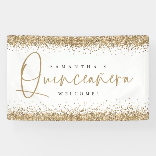 Glam Gold Glitter Name Welkom Quinceañera Spandoek (Horizontaal)