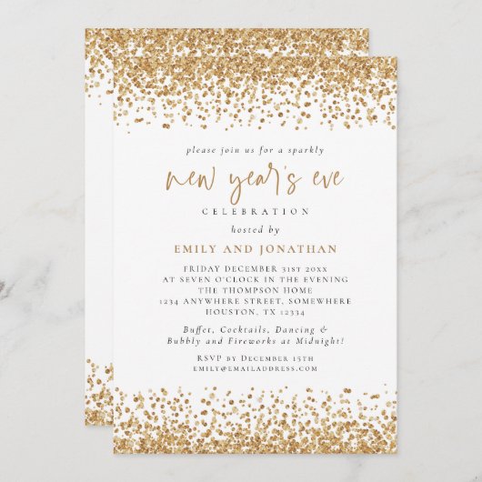 Glam Gold Glitter New Years Eve White Kaart (Voorkant / Achterkant)