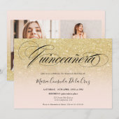Glam gold glitter ombre script roze quinceañera kaart (Voorkant / Achterkant)