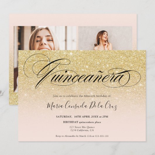 Glam gold glitter ombre script roze quinceañera kaart (Voorkant / Achterkant)