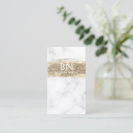 Glam Gold Glitter Paint White Marble Monogram Visitekaartje (Staand voorkant)