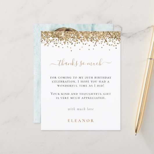 Glam Gold Glitter Photo Sweet 16 Bedankt (Voorkant / Achterkant in situ)
