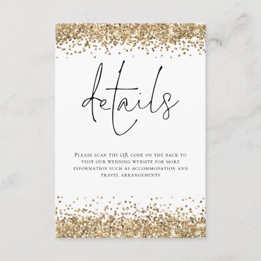 Glam Gold Glitter QR Code Script bruiloft details Informatiekaartje (Voorkant)