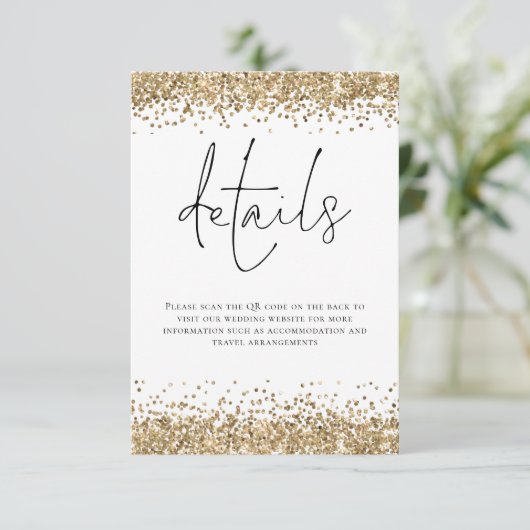 Glam Gold Glitter QR Code Script bruiloft details Informatiekaartje (Staand voorkant)