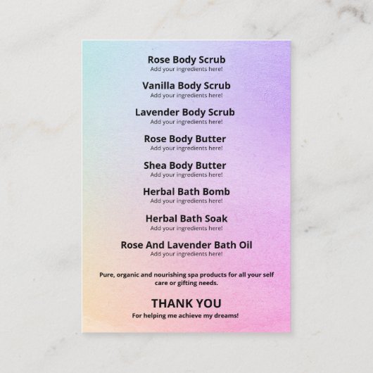Glam Gold Glitter Rainbow Spa Ingredient List Logo Visitekaartje (Achterkant)