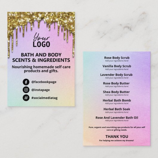 Glam Gold Glitter Rainbow Spa Ingredient List Logo Visitekaartje (Voorkant / Achterkant)