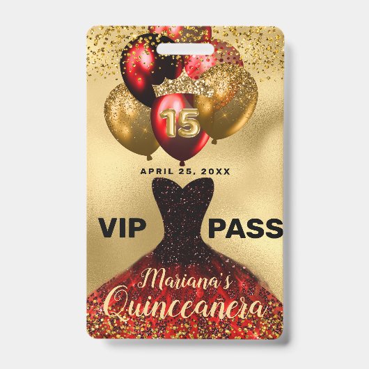 Glam Gold Glitter Red Dress Quinceanera VIP Badge (Front)