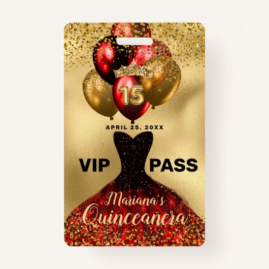 Glam Gold Glitter Red Dress Quinceanera VIP Badge (Voorkant)