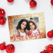 Glam Gold Glitter Rood Script Kerstfoto Feestdagenkaart