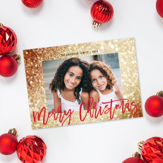 Glam Gold Glitter Rood Script Kerstfoto Feestdagenkaart