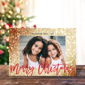 Glam Gold Glitter Rood Script Kerstfoto Feestdagenkaart