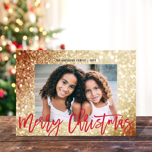 Glam Gold Glitter Rood Script Kerstfoto Feestdagenkaart