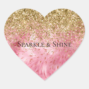 Glam Gold Glitter Roze Faux Fur Hart Sticker