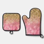 Glam Gold Glitter Roze Faux Fur Ovenwant & Pannenlap Set (Voorkant)
