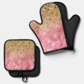 Glam Gold Glitter Roze Faux Fur Ovenwant & Pannenlap Set (Voorkant / Achterkant)