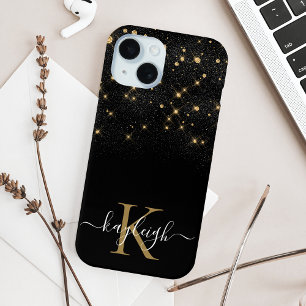 Glam Gold Glitter Sparging Elegant Luxe Monogram iPhone 15 Case