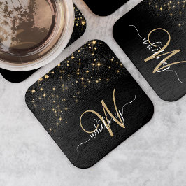 Glam Gold Glitter Sparkle Elegant Monogram Black Kartonnen Onderzetters