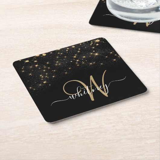 Glam Gold Glitter Sparkle Elegant Monogram Black Kartonnen Onderzetters (Schuin)