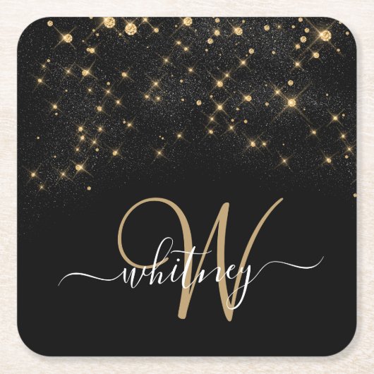 Glam Gold Glitter Sparkle Elegant Monogram Black Kartonnen Onderzetters (Voorkant)