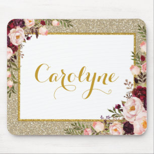 Glam Gold Glitter Waterverf Burgundy Pink Roses Muismat