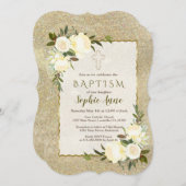 Glam Gold Glitter White Floral Baptism Invite Kaart (Voorkant / Achterkant)