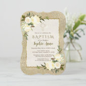 Glam Gold Glitter White Floral Baptism Invite Kaart (Staand voorkant)
