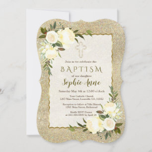 Glam Gold Glitter White Floral Baptism Invite Kaart