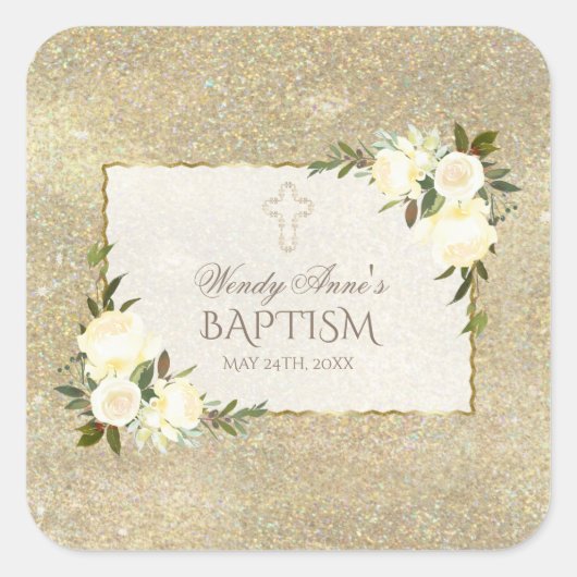 Glam Gold Glitter White Floral Baptism Invite Vierkante Sticker (Voorkant)